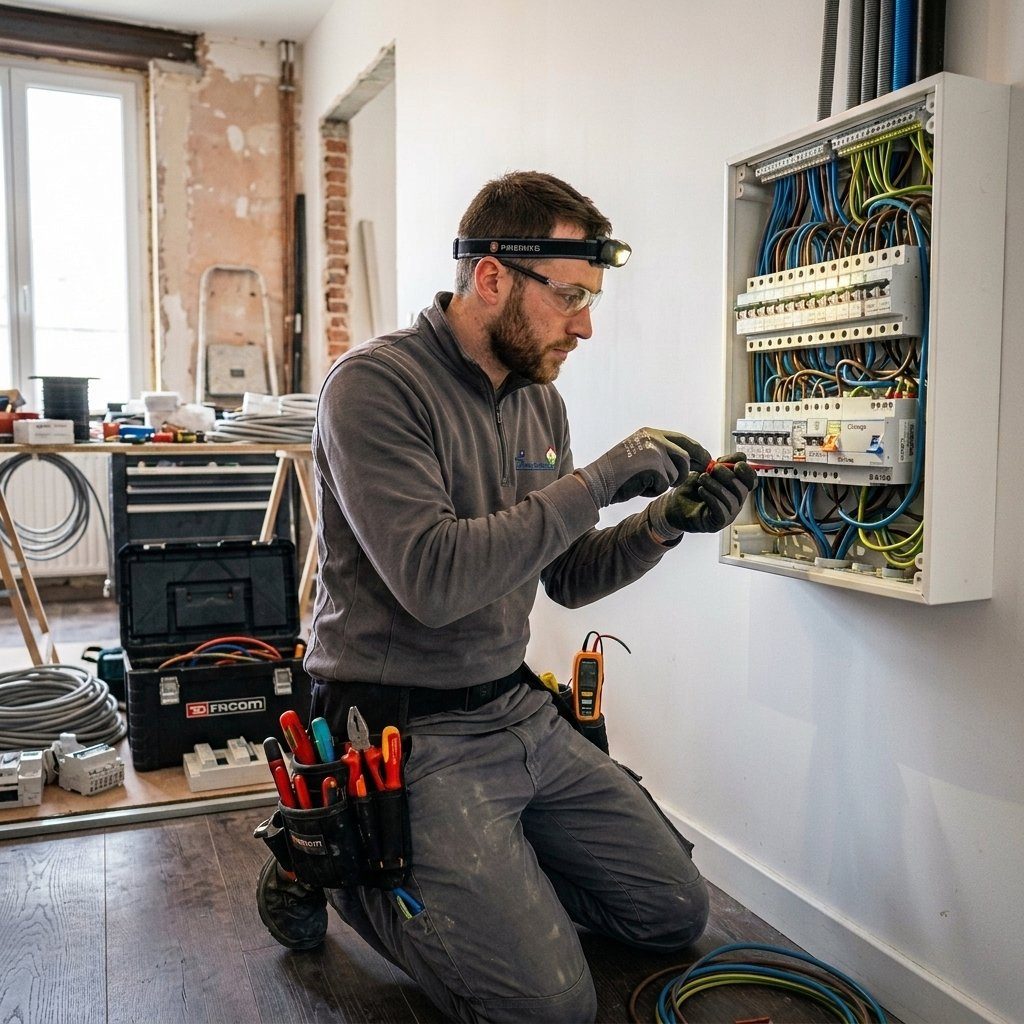Électricien Electrotech câblant un tableau électrique lors d'une rénovation